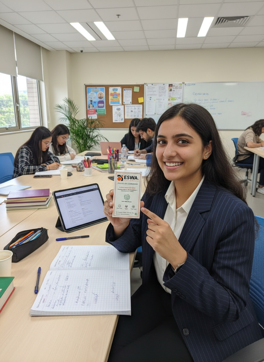 Woman holding an ESWA product in a classroom setting
