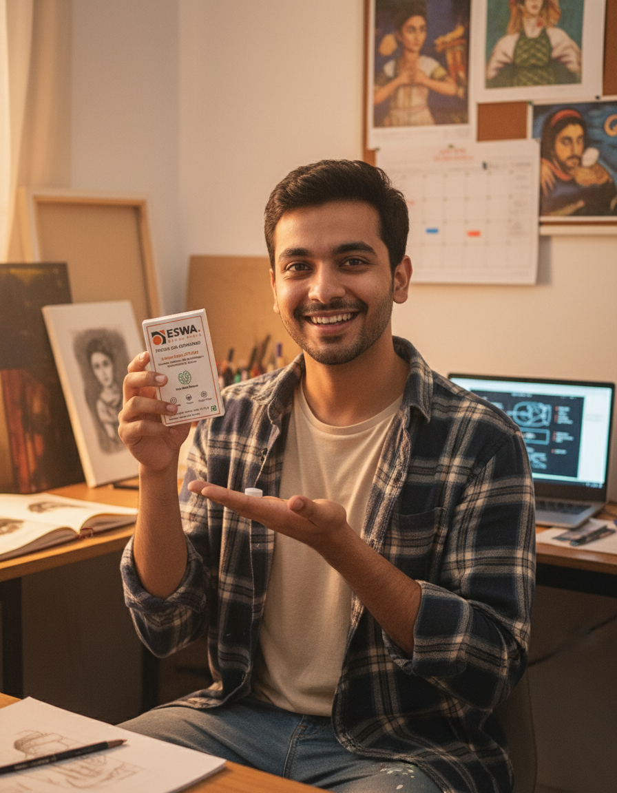 Man holding a card in an office setting with posters on the wall