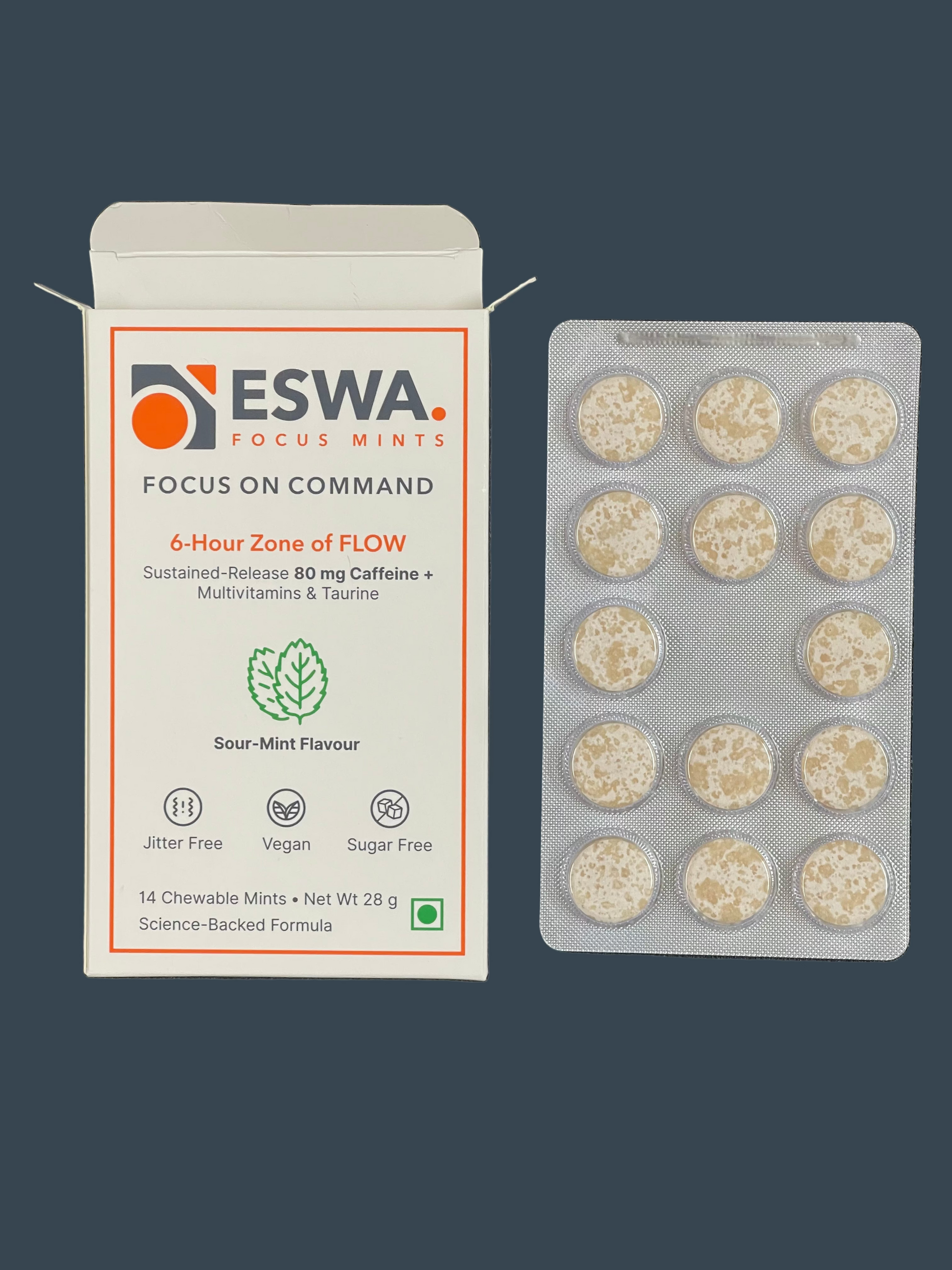 ESWA Focus Mints packaging with mints on a dark background