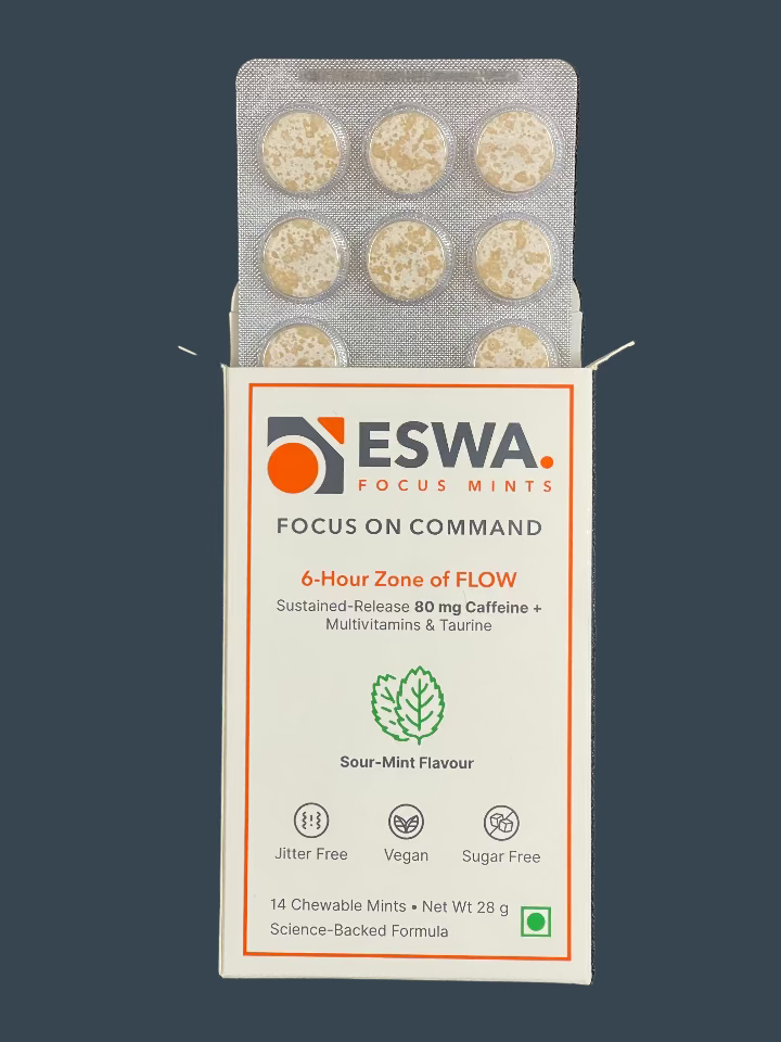 ESWA Focus Mints packaging on a dark background