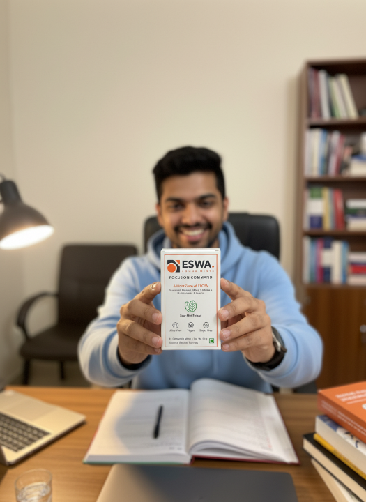 Person holding an ESWA card in a home office setting
